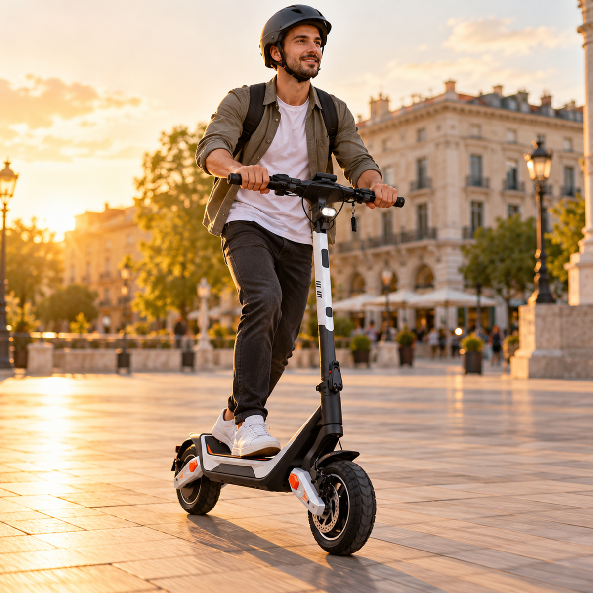 Smiling person wearing a helmet riding Wheely - J18 across a cobbled square at sunset