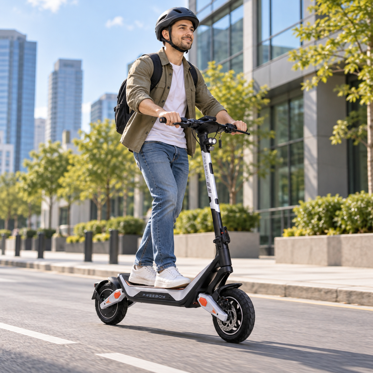Man wearing a helmet riding Wheely - J18 on a city street with buildings and trees