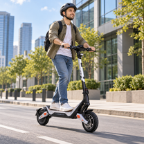 Man wearing a helmet riding Wheely - J18 on a city street with buildings and trees