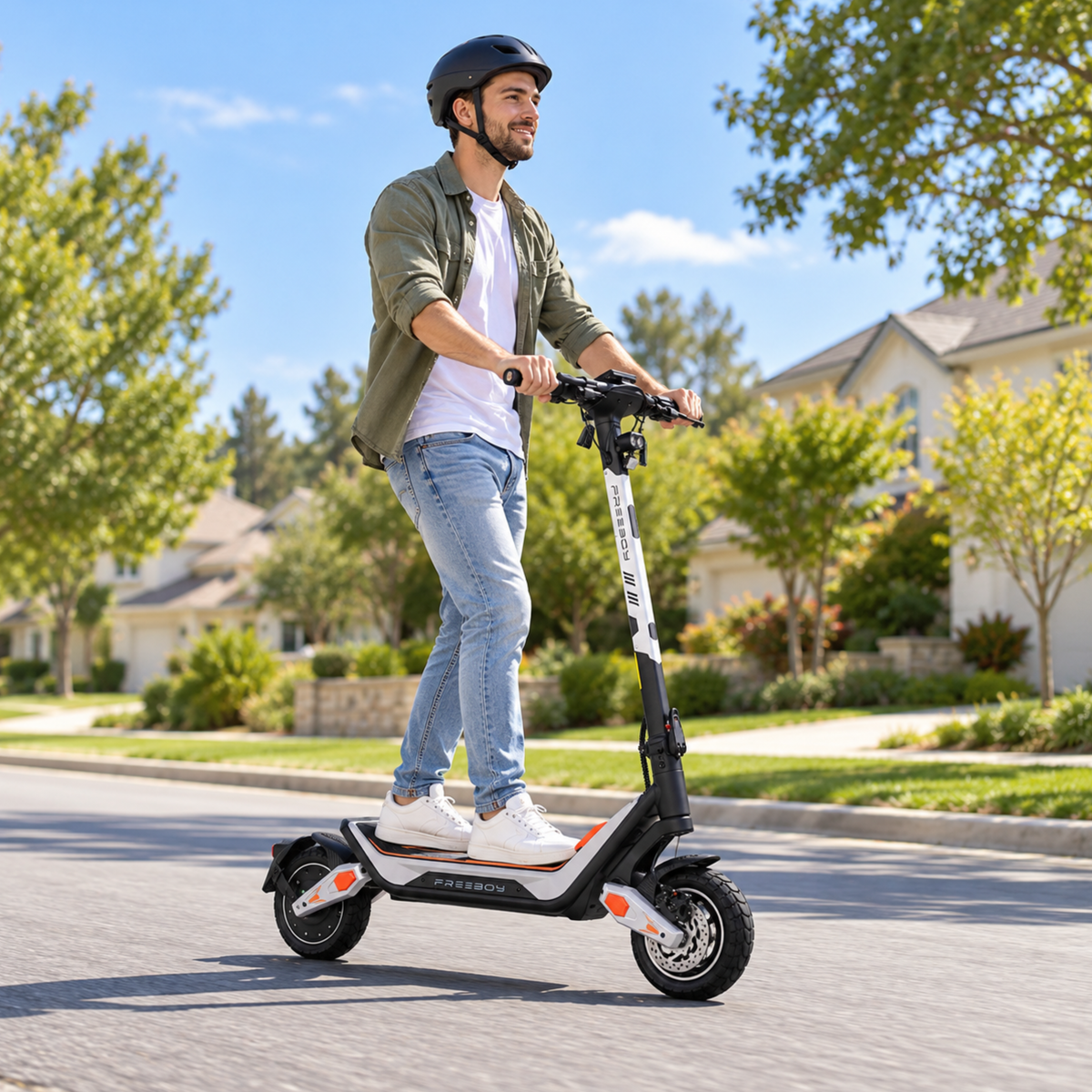 Man wearing a helmet riding Wheely - J18 along a residential street with trees and houses