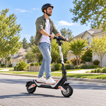 Man wearing a helmet riding Wheely - J18 along a residential street with trees and houses