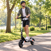 Man wearing a helmet riding Wheely - J18 on a park path among trees and grass