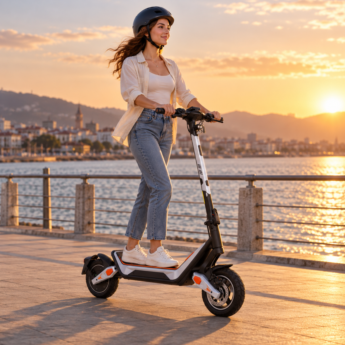 Wheely - J18 electric scooter with a rider in a helmet on a waterfront promenade at sunset