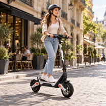 Wheely - J18 electric scooter with a smiling rider in a helmet on a cobblestone street by a café