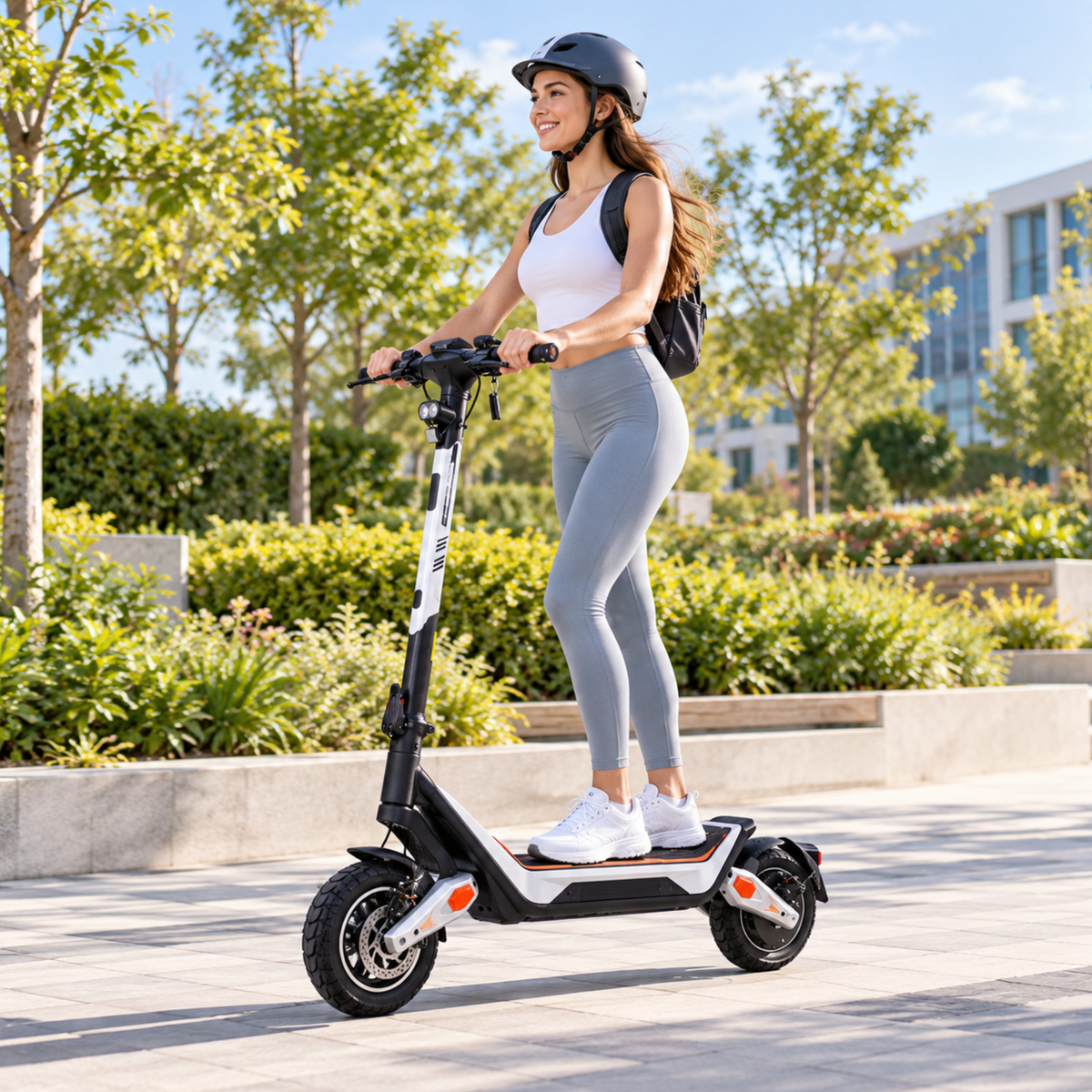 Wheely - J18 electric scooter with a rider in a helmet and backpack in a green city park