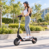 Wheely - J18 electric scooter with a rider in a helmet and backpack in a green city park