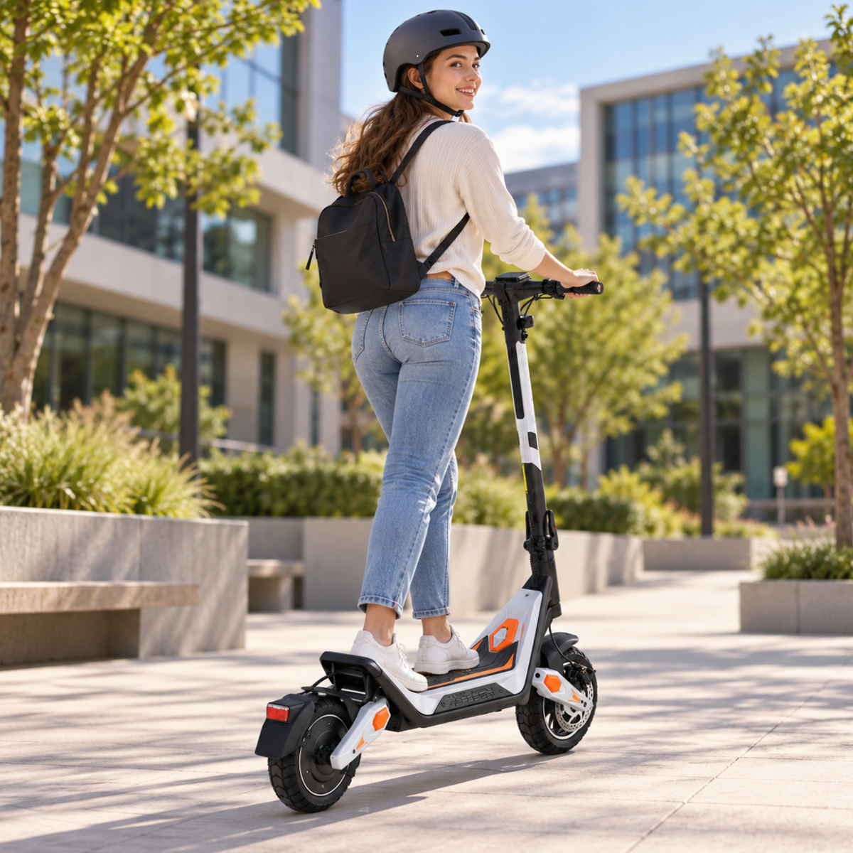 Wheely - J18 electric scooter seen from behind with a rider in a helmet and backpack among trees and buildings