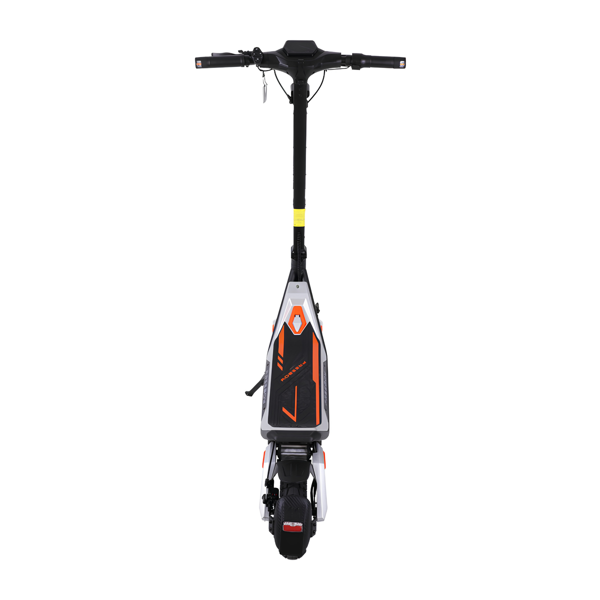 Wheely - J18 electric scooter seen from behind with footboard, handlebar, rear mudguard and rear light