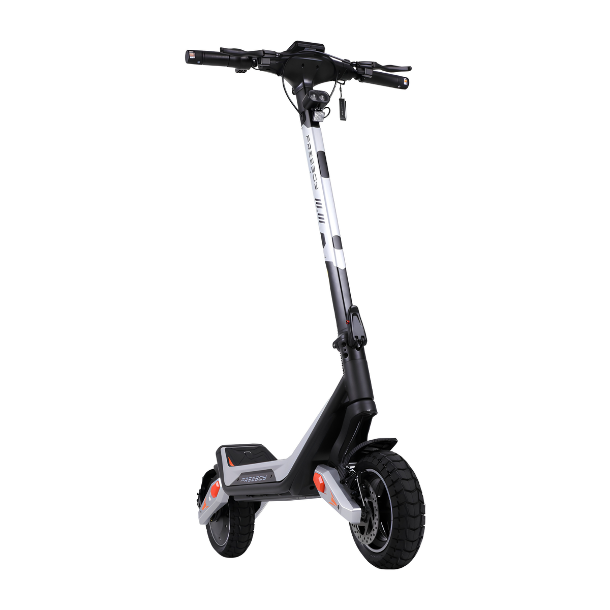 Wheely - J18 electric scooter seen from the front at an angle with handlebar, headlight and front wheel