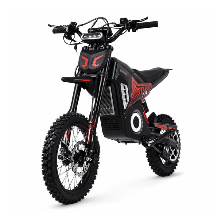 Wheely - Y10 electric motorcycle seen from the front at an angle with headlight, red details and off-road tyres