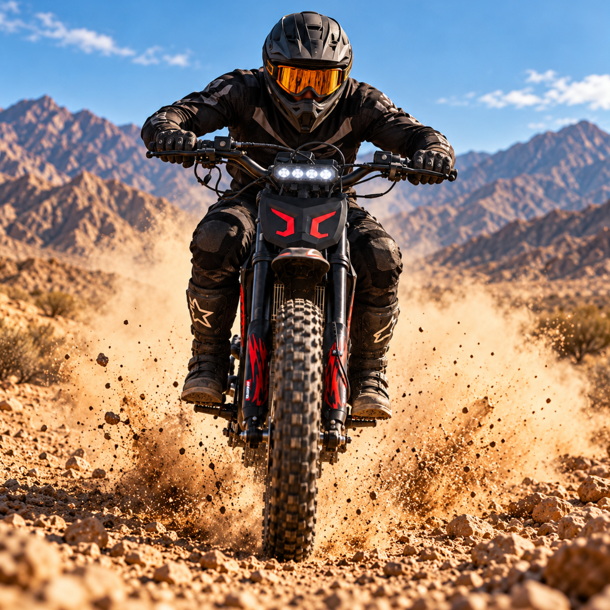 Wheely - Y10 straight from the front with rider, headlight and dusty gravel around the front wheel