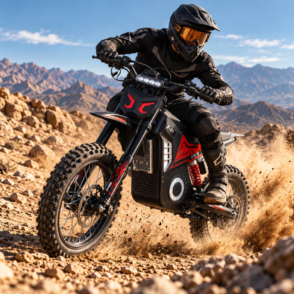 Rider in black gear on Wheely - Y10 at speed over rocky ground with swirling dust