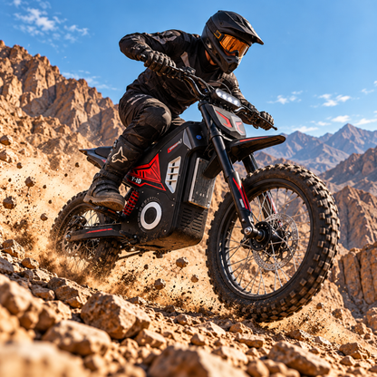 Wheely - Y10 ridden by a rider in a helmet over rocky mountain terrain with a dust cloud