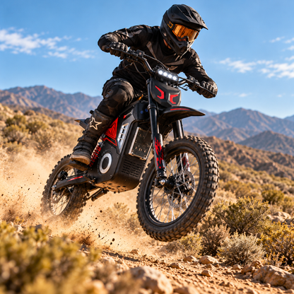 Wheely - Y10 at speed on a gravel trail with a rider in a helmet, bushes and mountains in the background