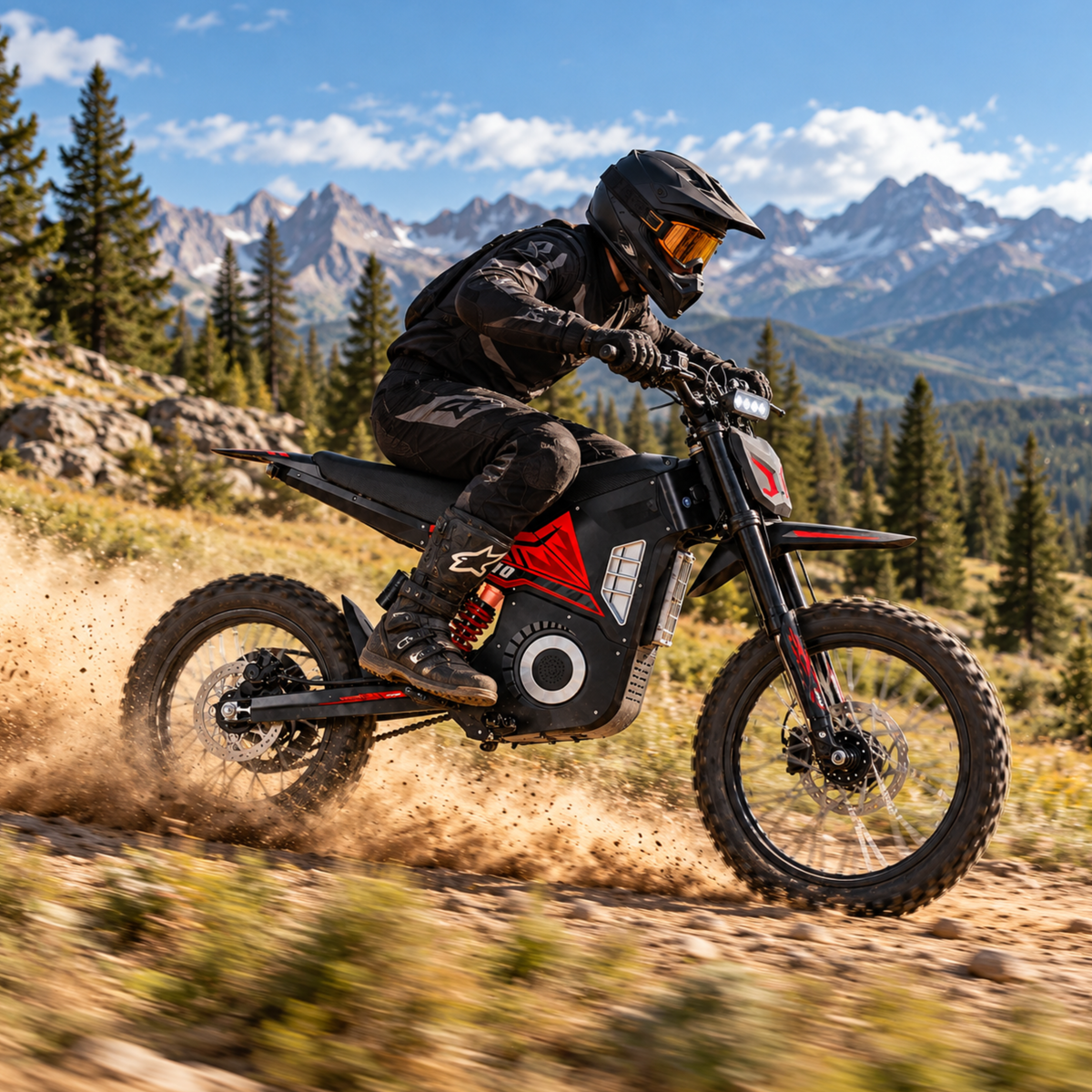 Wheely - Y10 in side view with a rider on a gravel road, conifers and mountains in the background
