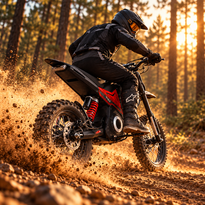 Rider on Wheely - Y10 at speed on a forest trail with swirling dust in the evening sun