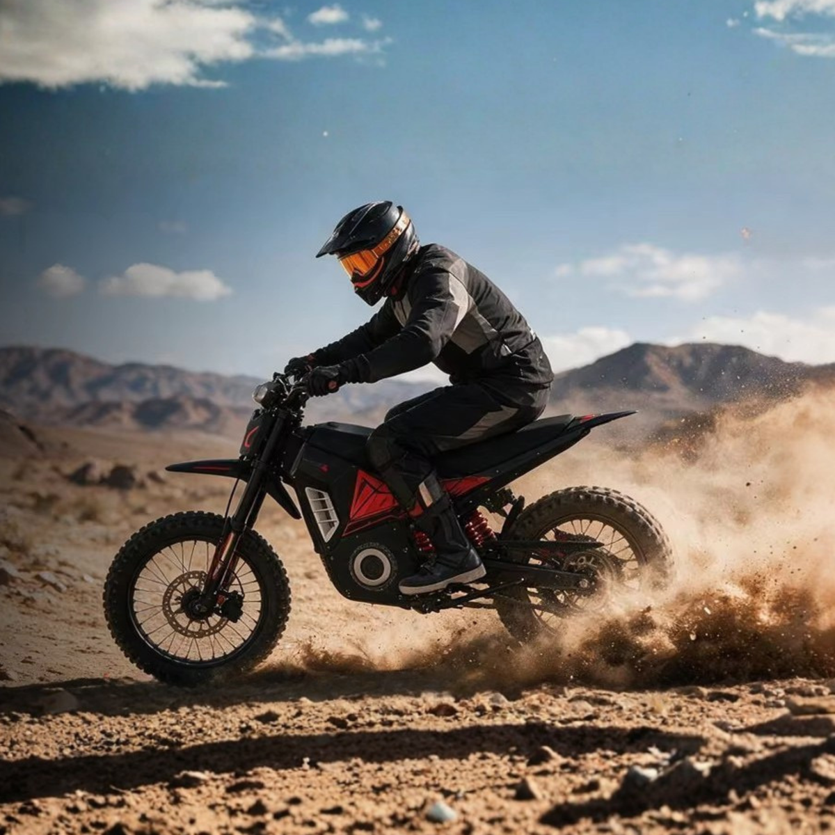 Wheely - Y10 in side view with a rider at speed through a dusty desert landscape with mountains in the background