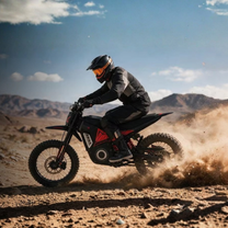 Wheely - Y10 in side view with a rider at speed through a dusty desert landscape with mountains in the background