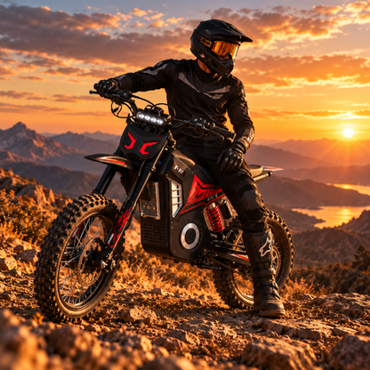 Rider seated on Wheely - Y10 on rocky ground with a sunset and mountains in the background