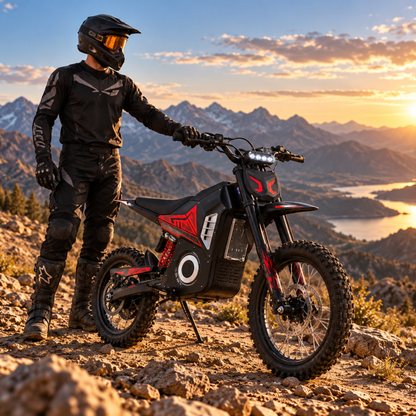 Wheely - Y10 from the side resting on its side stand with a rider standing beside it, mountain view in the background