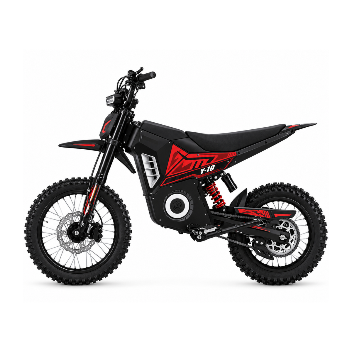 Wheely - Y10 electric motorcycle in side view with black and red fairing, red rear shock absorber and spoked wheels