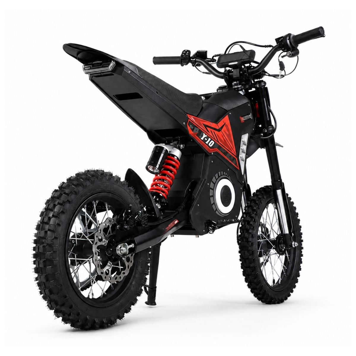Wheely - Y10 electric motorcycle seen from behind at an angle with seat, red shock absorber and rear brake disc