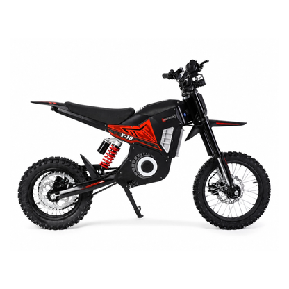 Wheely - Y10 seen from the side, black and red motocross motorcycle with off-road tyres and red rear shock absorber
