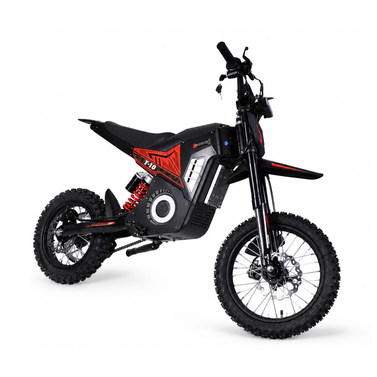 Wheely - Y10 seen from the front at an angle with handlebars, front fork, disc brake and off-road tyre