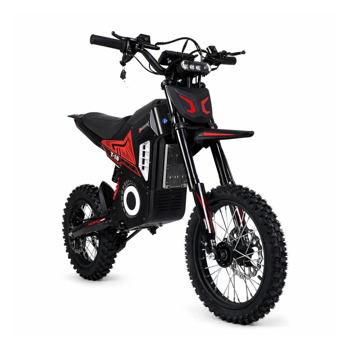 Wheely - Y10 electric motorcycle seen from the front right at an angle with handlebars, headlight and front spoked wheel