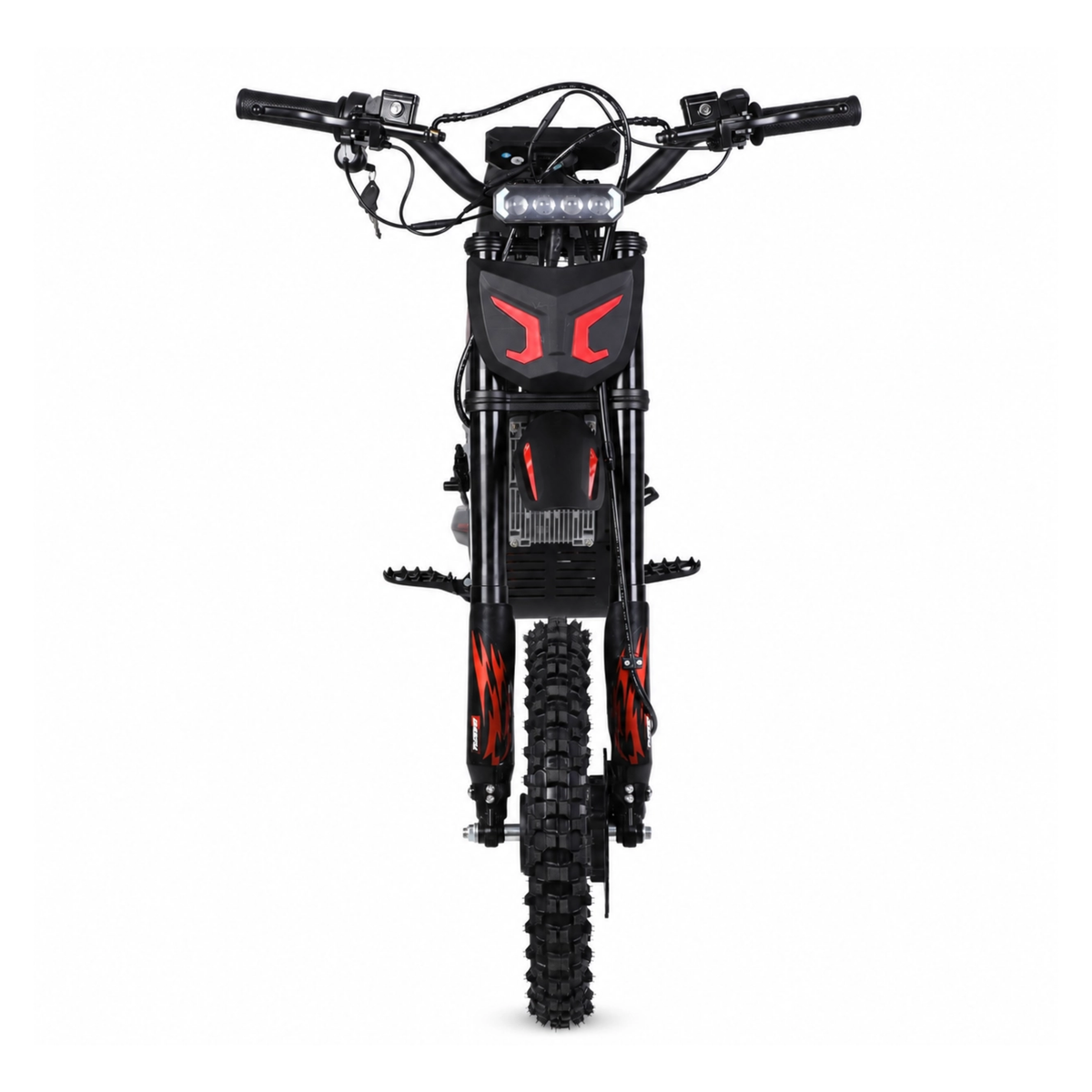 Wheely - Y10 seen straight from the front with handlebars, headlight, red details, front fork and off-road tyre