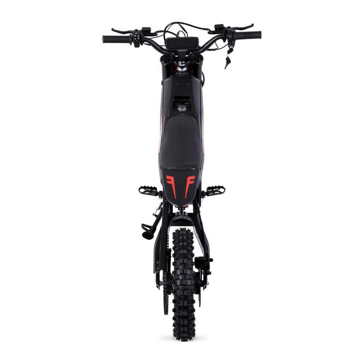Wheely - Y10 seen from behind with handlebars, display, seat, footpegs, chain and rear tyre with coarse tread