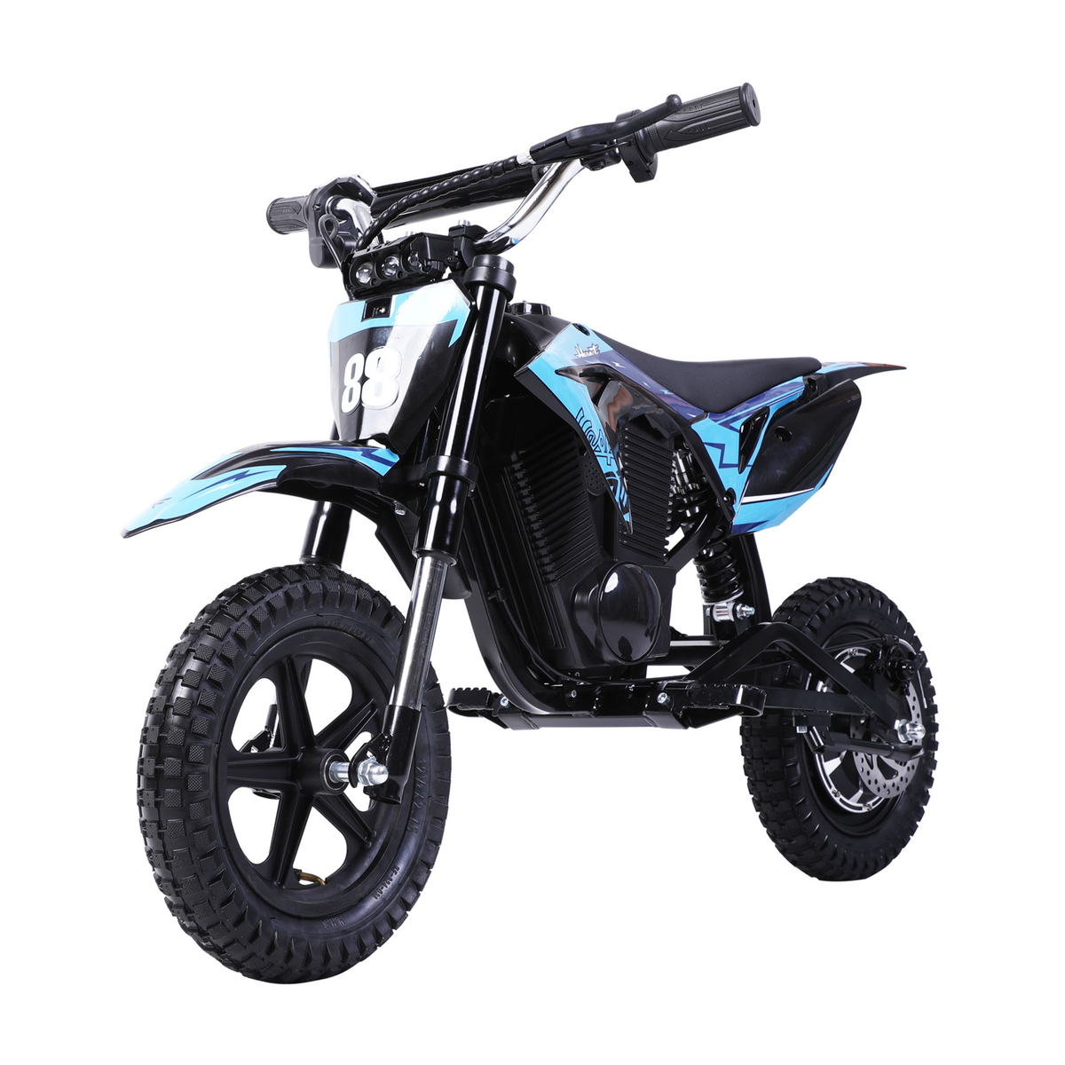 Wheely - Y3 electric motorcycle in blue and black, seen from the front at an angle with race number 88 and knobby tyres