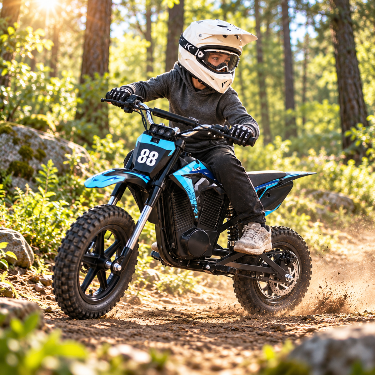 Wheely - Y3 ridden by a child wearing a helmet on a forest trail in sunlight