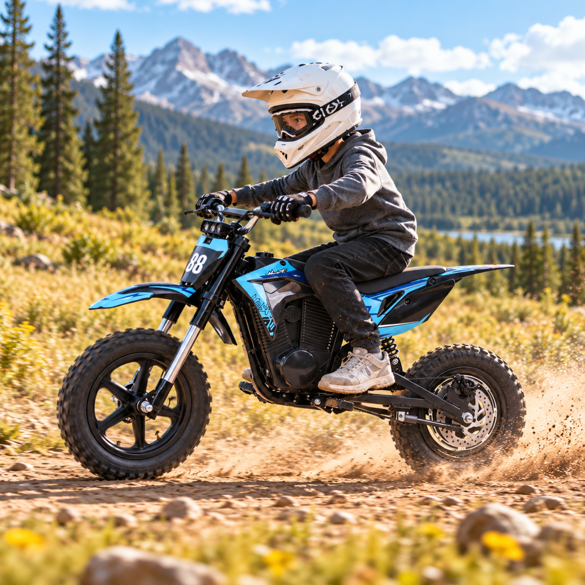 Wheely - Y3 ridden by a child wearing a helmet on a gravel road with mountains and forest in the background
