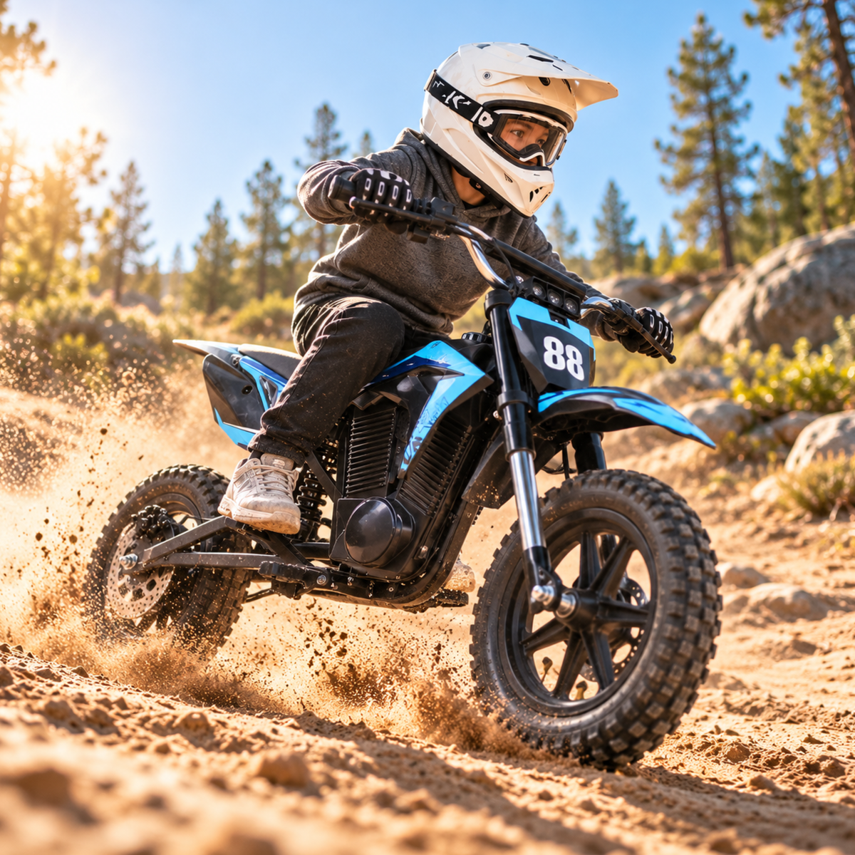 Wheely - Y3 in blue and black ridden on sandy terrain with sand kicked up, race number 88 on the front