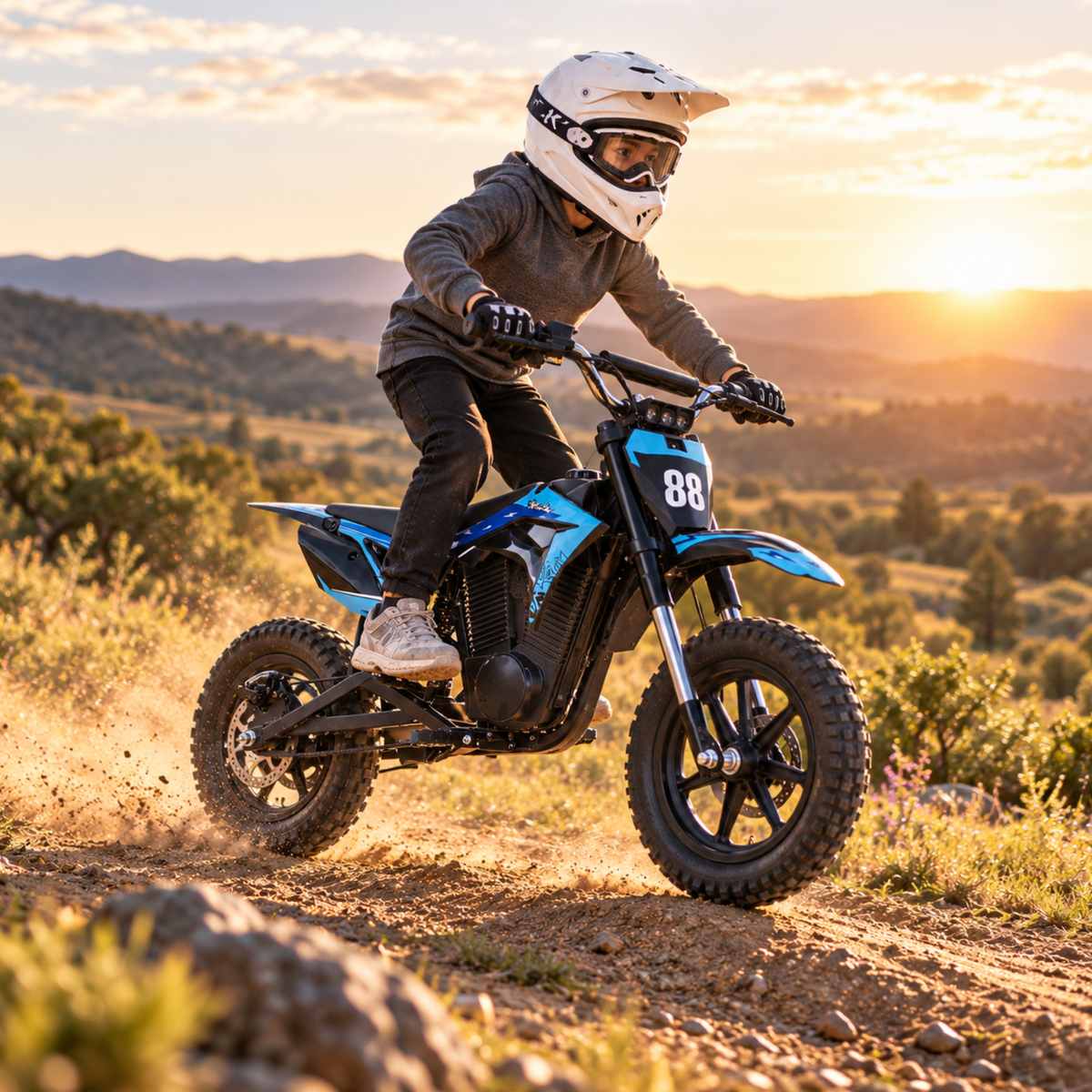 Wheely - Y3 ridden by a child wearing a helmet on a trail at sunset