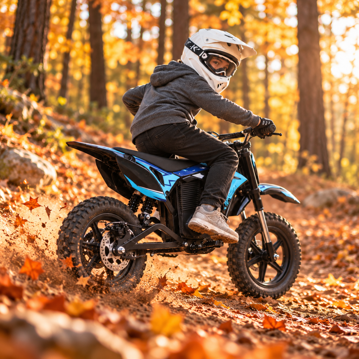 Wheely - Y3 seen from the side with a rider on a forest trail among autumn leaves