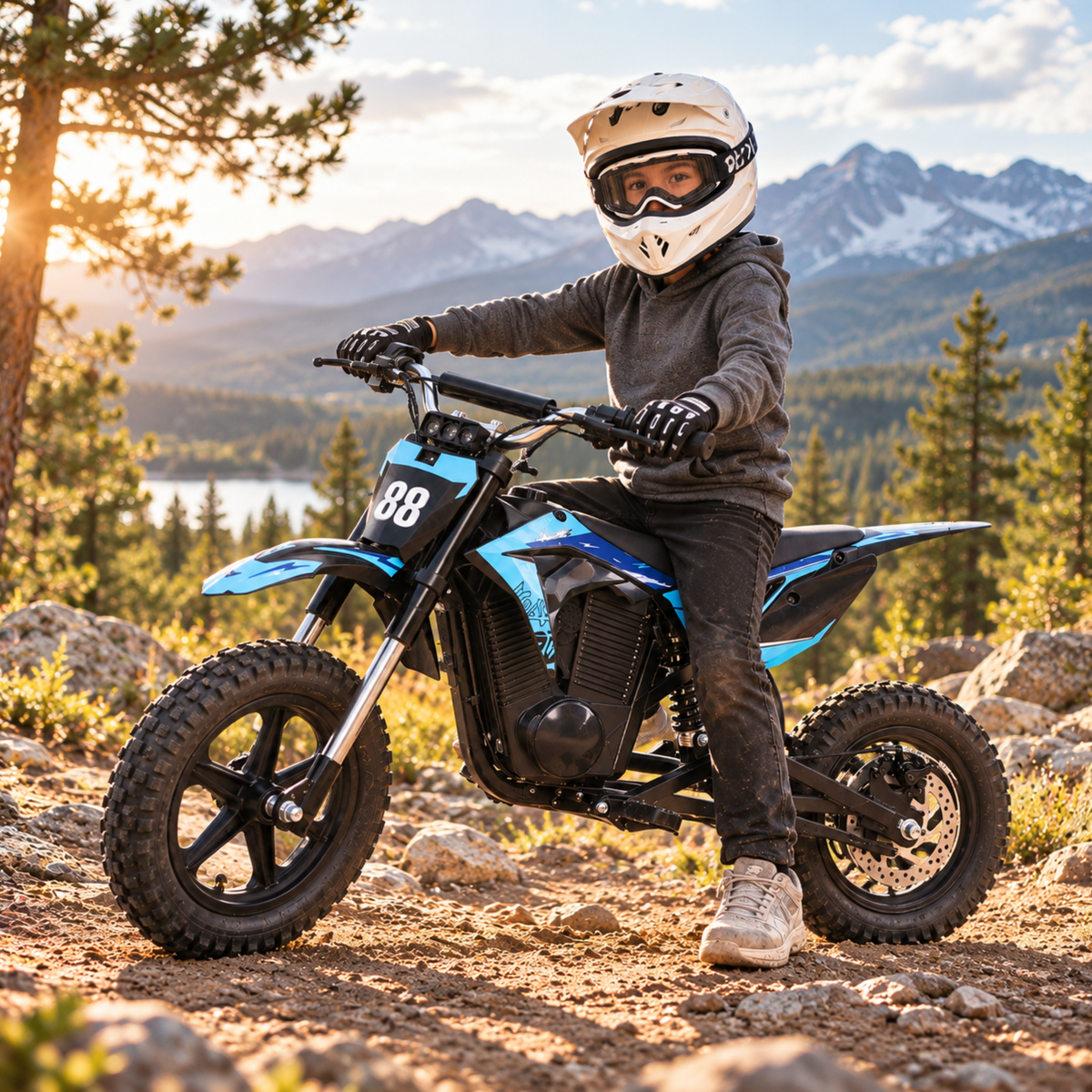 Wheely - Y3 with a child in a helmet sitting on rocky ground with mountains in the background