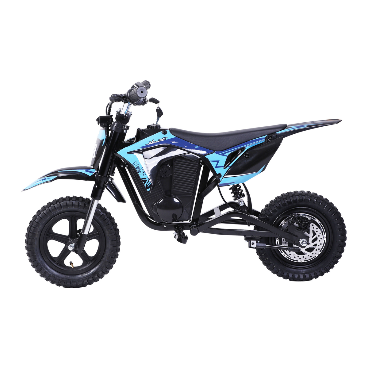 Wheely - Y3 electric motorcycle seen from the side with blue and black fairings, seat, rear shock absorber and rear brake disc