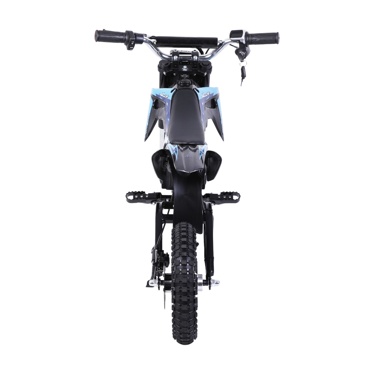 Wheely - Y3 electric motorcycle seen straight from behind with handlebar, key, seat, footpegs and rear tyre