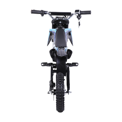 Wheely - Y3 electric motorcycle seen straight from behind with handlebar, key, seat, footpegs and rear tyre