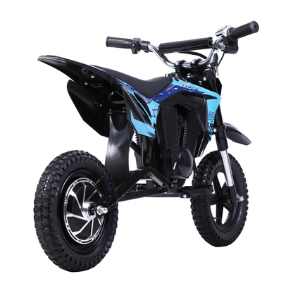 Wheely - Y3 in black and blue seen from the front at an angle, with handlebars, seat, footpegs and off-road tyres