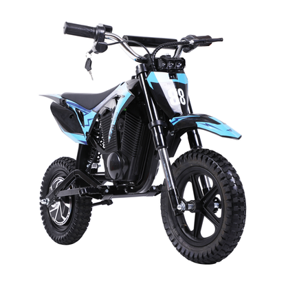 Wheely - Y3 electric motorcycle in black and blue, seen from the front at an angle, with race number 88