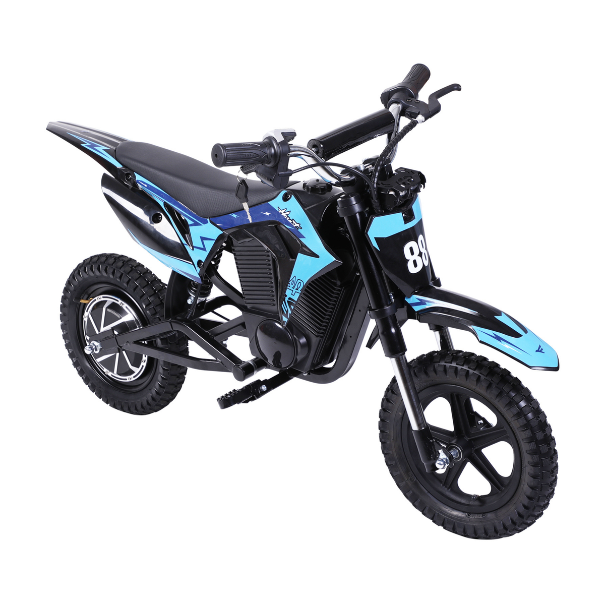Wheely - Y3 electric motorcycle in black and blue, seen from the front left at an angle, with seat, handlebars and off-road tires