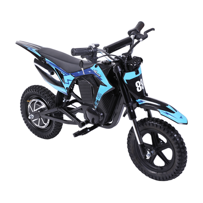 Wheely - Y3 electric motorcycle in black and blue, seen from the front left at an angle, with seat, handlebars and off-road tires