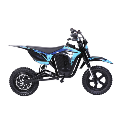 Wheely - Y3 electric motorcycle in black and blue, seen from the side with seat, frame and knobby tyres