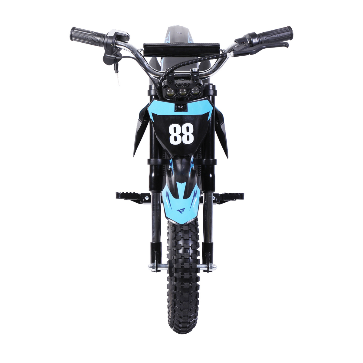 Wheely - Y3 seen straight from the front with handlebars, three headlights, blue front fender with number 88, footpegs and a coarse-tread front tyre