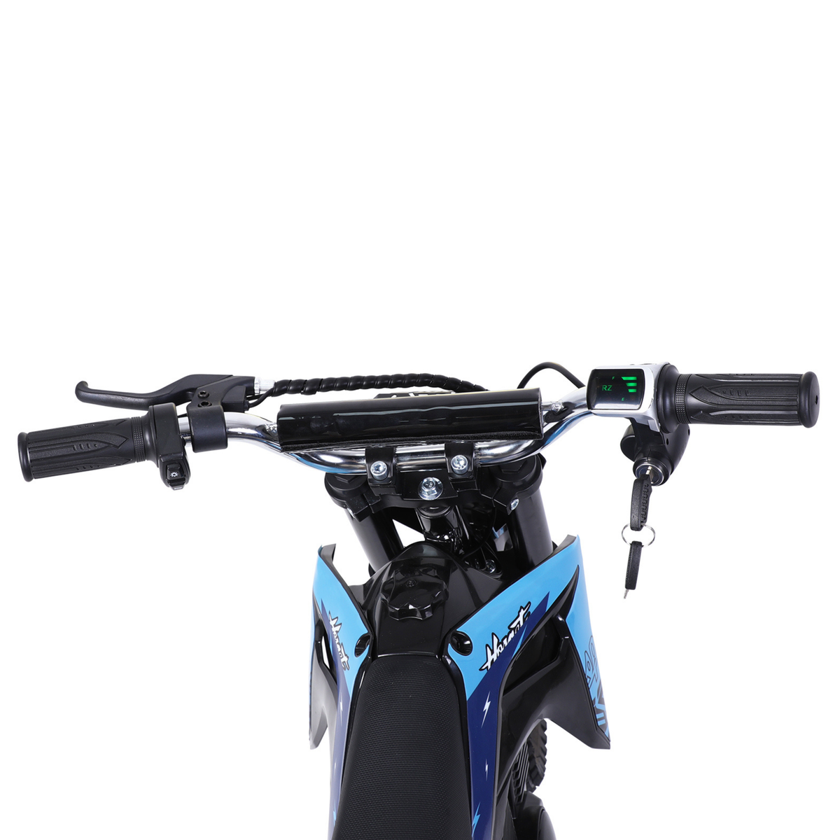 Wheely - Y3, handlebar seen from behind with brake lever, grips, display and ignition key