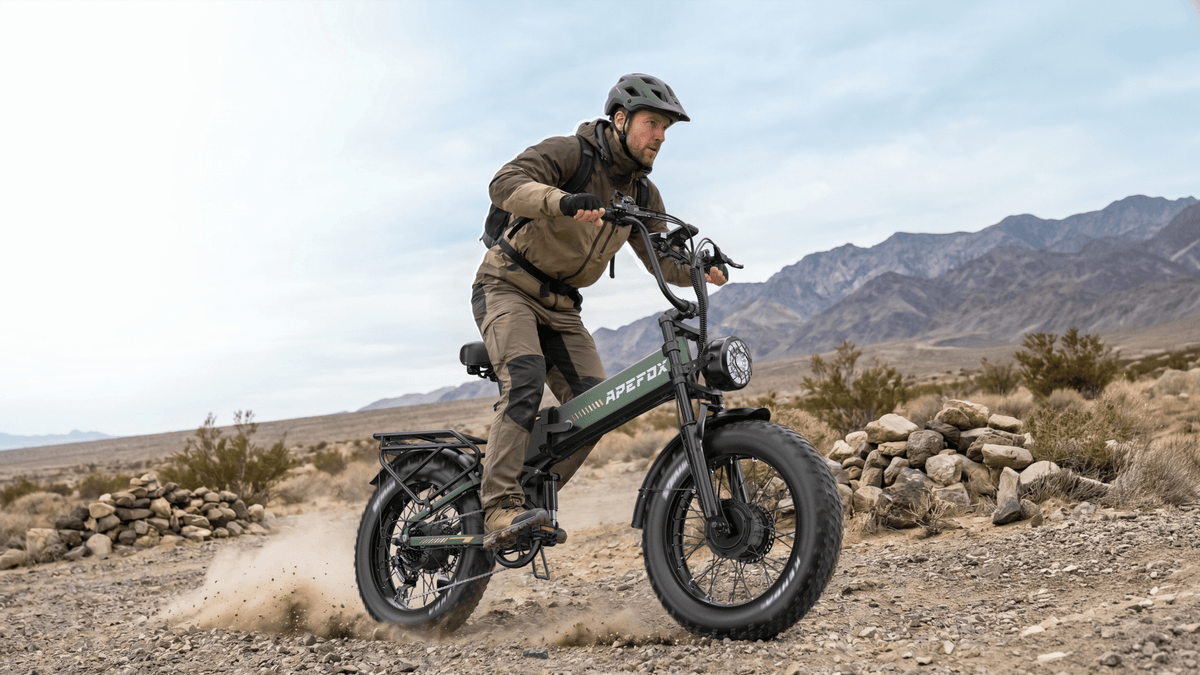 Person riding the APEFOX RH20 folding fat-tyre e-bike on a grassy field