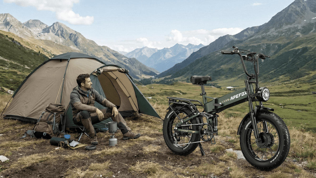 APEFOX RH20 folding fat-tyre e-bike, front three-quarter view on a grassy field